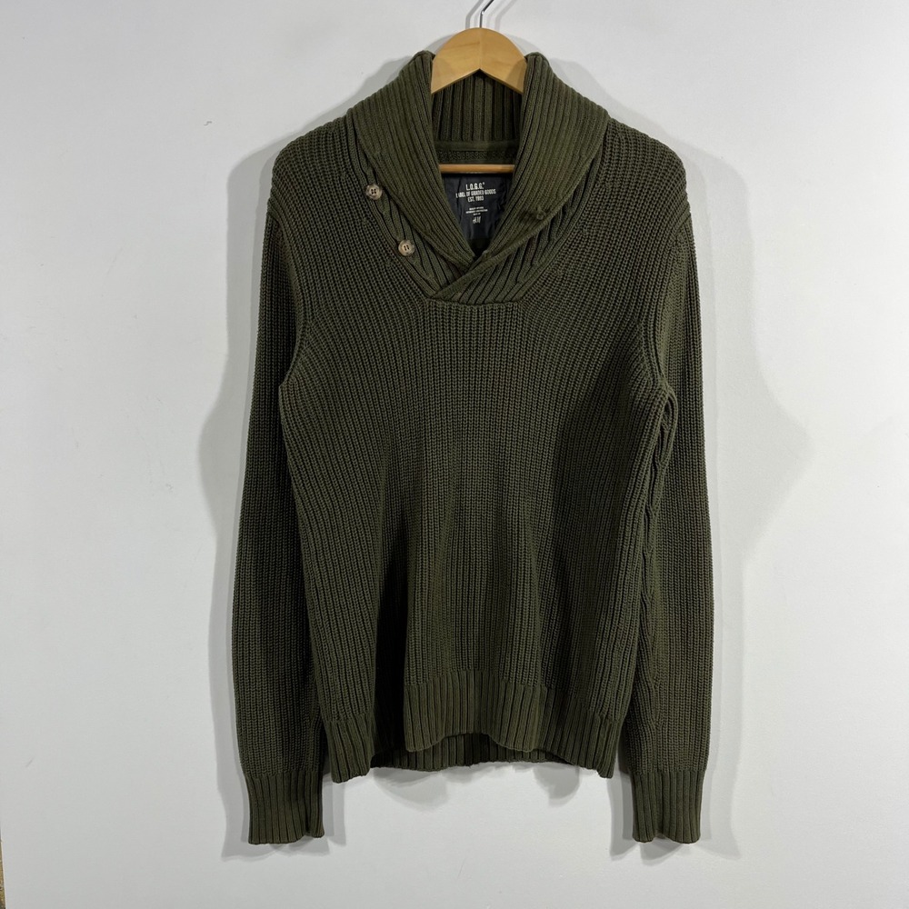 HM Olive Green Shawl Collar Academia Knit Cotton Sweater Pullover Mens Small